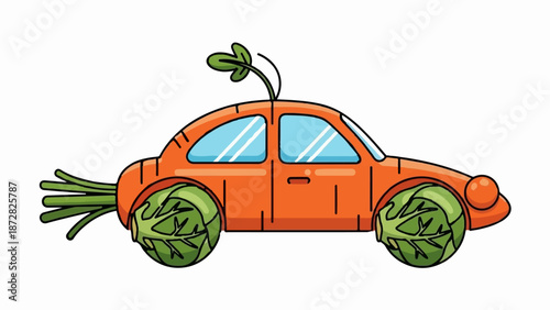 A whimsical orange carrot-shaped car with leafy green sprout and cabbage wheels