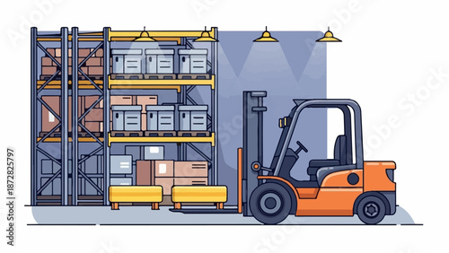 An orange forklift operates in a warehouse beside tall shelves stacked with boxes and other goods