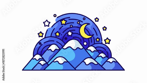 A whimsical night sky over snow-capped mountains with stars and a crescent moon