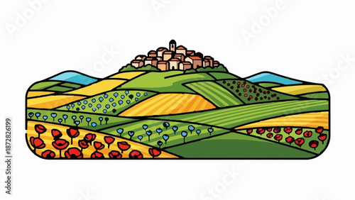 A whimsical illustration of rolling hills with a village atop, adorned with poppy fields and vineyards
