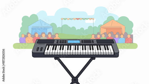An outdoor music event illustration featuring a digital piano, audience, tents, and a decorated stage