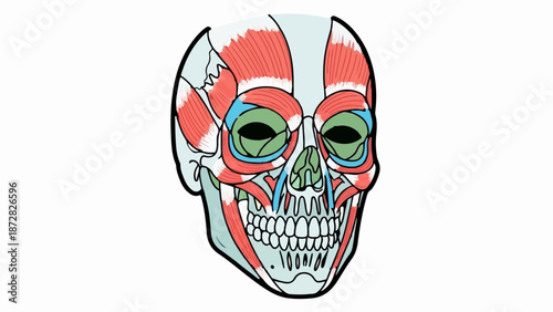 Anatomical illustration of a human skull with visible muscles and bone structures