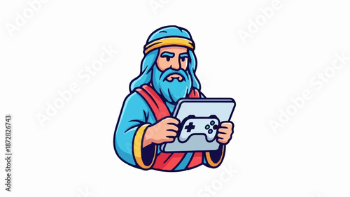 Ancient figure in blue robes and gold headband plays video games on a tablet