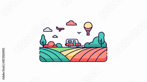 A whimsical illustration depicts a camper van, hot air balloon, and airplane above rolling hills and trees