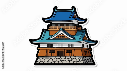 Cartoon depiction of a traditional multi-tiered structure with blue roofs and stone base