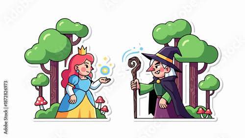 A whimsical forest scene with a crowned princess and a witch holding a staff