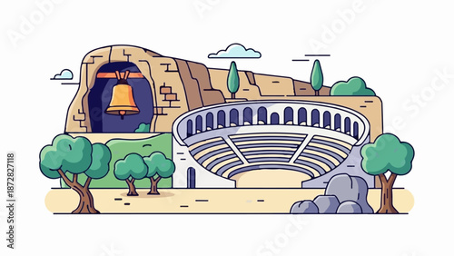 Ancient stone amphitheater with bell in cave and surrounding trees