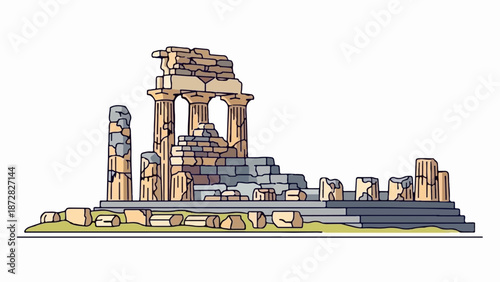 Ancient stone ruins with columns and steps on a white background