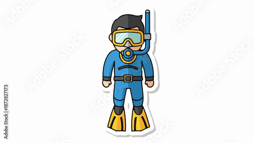 Cartoon diver in blue suit, mask, snorkel, and fins, ready for underwater exploration