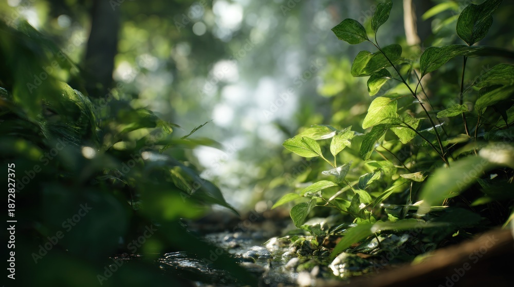 Fototapeta premium Lush Green Undergrowth Sunlight Filtering Through Forest Canopy Tranquility
