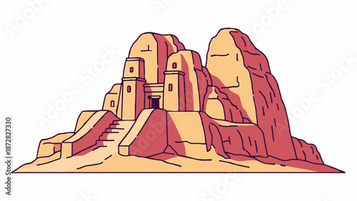 Ancient stone structures carved into rocky cliffs, a desert monument