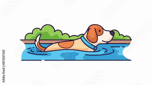 Cartoon dog swims joyfully in bright blue water near green bushes