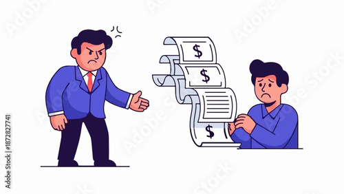 Angry man in suit confronts sad man holding long receipt with dollar signs