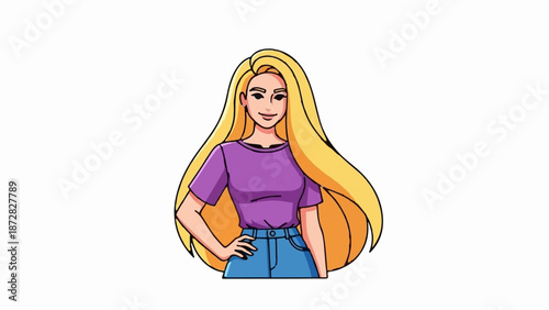 Animated blonde woman in purple shirt and blue jeans, confident pose