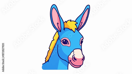 Adorable blue donkey with yellow mane and pink ears, detailed cartoon style
