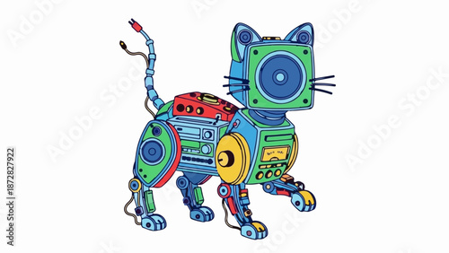 A whimsical, colorful robotic feline constructed from vintage audio equipment and mechanical parts