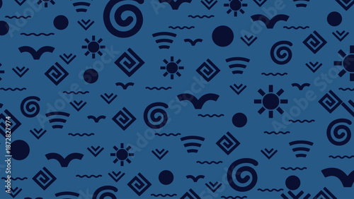 Seamless Abstract Pattern of Navy Blue Maritime and Tribal Symbols Including Sun, Waves, Birds, and Spirals Scattered on a Blue Background for Nautical Themed Wallpapers and Textiles