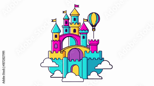 A whimsical, colorful castle with a hot air balloon and clouds