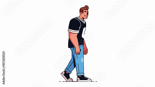 Animated figure of a young man walking in a cartoonish style