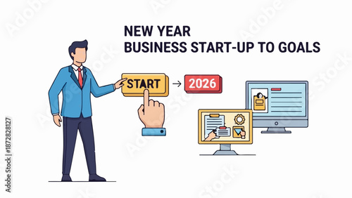 Businessman initiating new year business startup towards 2026 goals with digital interfaces