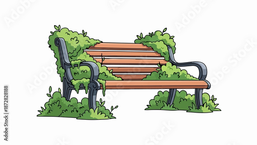 A whimsical, cartoon-style park bench overtaken by lush green foliage and vines