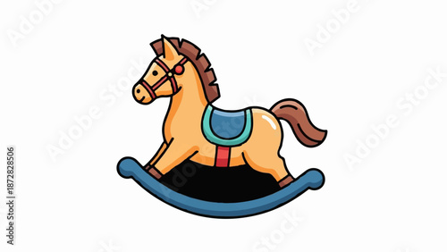 A whimsical cartoon rocking horse toy with a blue saddle and red bridle
