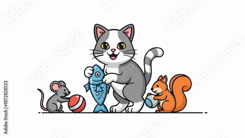 Adorable cartoon cat holds a fish, while a mouse plays with a ball and a squirrel holds an acorn