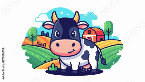 A whimsical cartoon cow stands on a vibrant farm with rolling hills, fields, trees, and a red barn under a blue sky