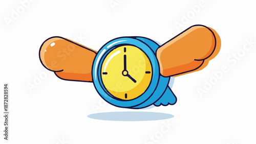 A whimsical cartoon clock with orange wings and a blue body flies across a white background