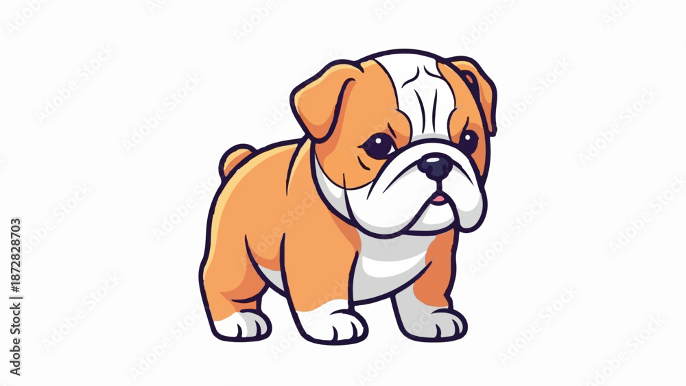 Obraz premium Adorable cartoon English Bulldog puppy with wrinkled face, standing with stubby legs and tail