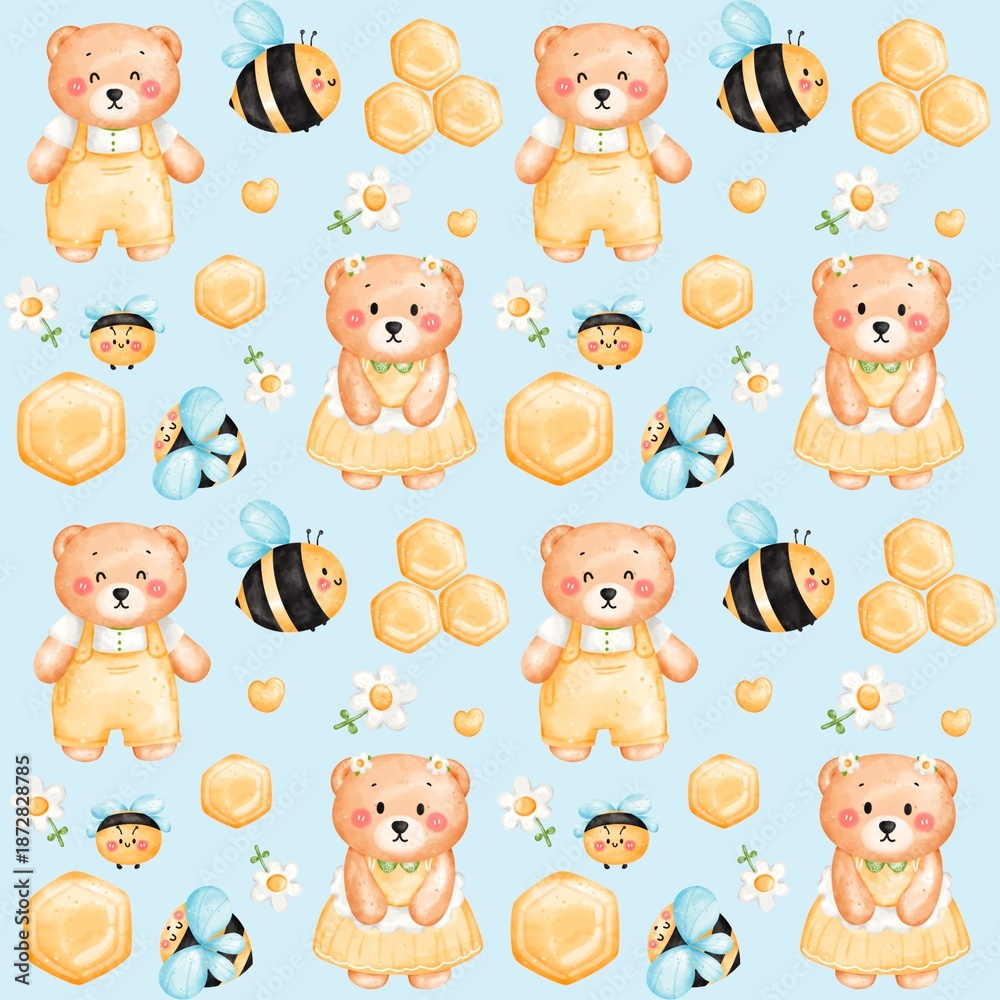 Fototapeta premium Honey Bee Daisy And Teddy Bear Pattern seamless 