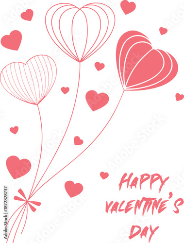 A whimsical illustration depicting red heart shaped balloons scattered hearts and handwritten text celebrating a happy valentine s day occasion
