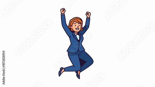 Animated woman in blue suit jumping with excitement, arms raised triumphantly