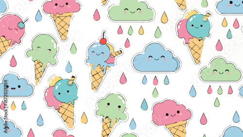 Adorable cartoon ice cream cones and smiling clouds with colorful raindrops