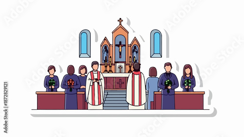 A wedding party gathers before an altar in a church