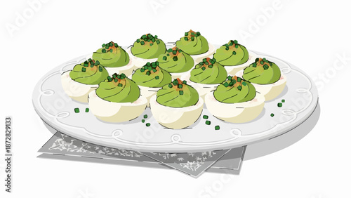 Appetizing deviled eggs with green creamy filling and green garnishes on a white plate