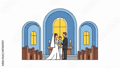 A wedding ceremony takes place inside a blue church with a stained-glass window