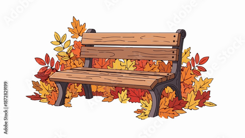 A weathered park bench is nestled amongst a pile of vibrant autumn leaves