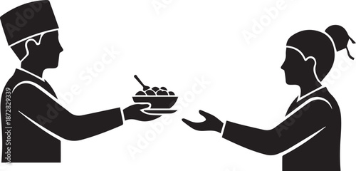 Silhouette of a man in a kufi hat giving a bowl to a woman