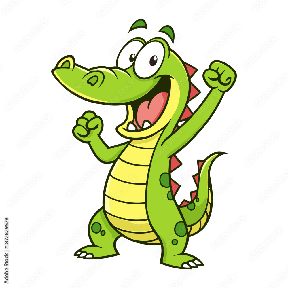 Fototapeta premium Excited Cartoon Green Alligator Cheering with Raised Arms