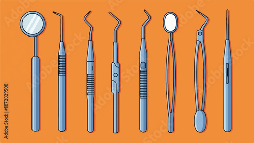 Array of blue dental tools on an orange background