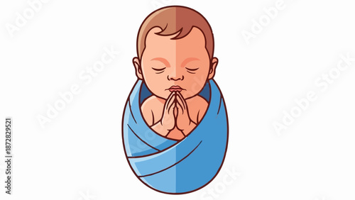 Adorable infant swaddled in blue, with closed eyes and hands pressed together in prayer
