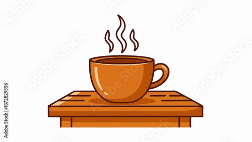 A warm cup of coffee rests on a wooden surface, releasing wisps of steam