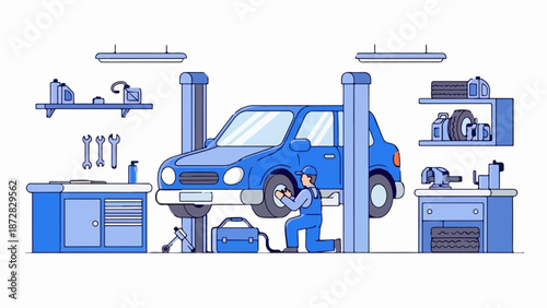 Blue car being serviced on a lift by a mechanic in a garage with tools