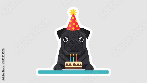 Adorable pug celebrates with birthday cake and festive hat