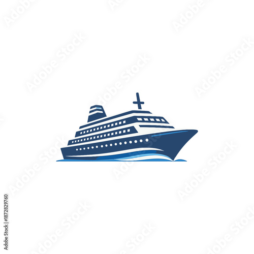 A stylized blue and white icon of a cruise ship sailing on waves, isolated on a white background. Ideal for travel, tourism, or maritime-themed branding and logos.