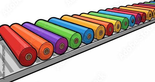 Assorted colorful fabric rolls lined up on a gray conveyor belt