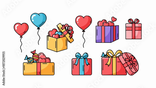 Assorted colorful heart-shaped balloons and gift boxes filled with candy and hearts