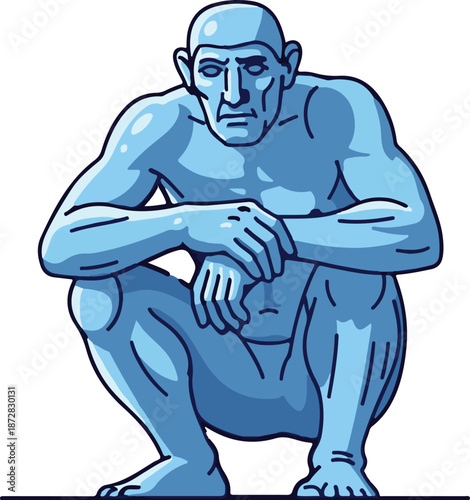 Blue pixelated statue of a contemplative man in a deep squat