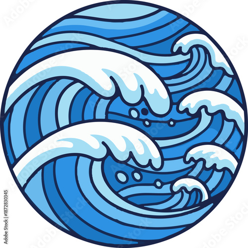 Blue waves crash and swirl within a circular frame, evoking oceanic motion